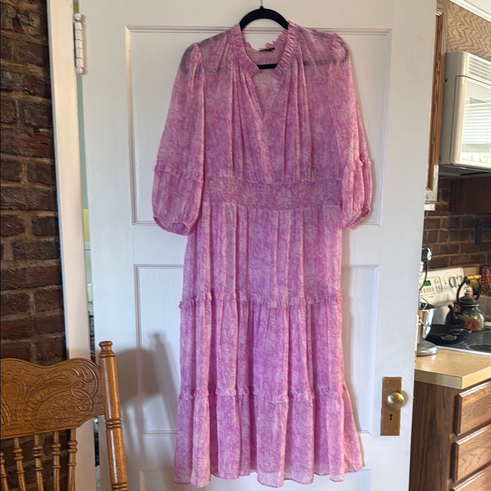 Ann Taylor Pink Tiered Ruched Sundress with Bishop Sleeves
